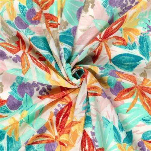 Polyesterstoff mit Leinenoptik Blumen - creme