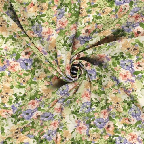 Polyesterstoff Bubble Slub Aquarellblumen - limette