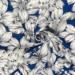 Polyesterjersey Köper weisse Blumen - königsblau