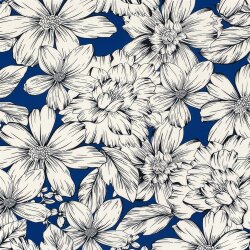 Polyesterjersey Köper weisse Blumen - königsblau