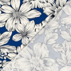 Polyesterjersey Köper weisse Blumen - königsblau