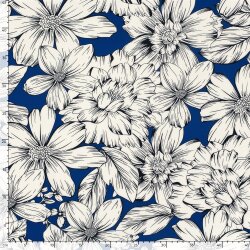 Polyesterjersey Köper weisse Blumen - königsblau