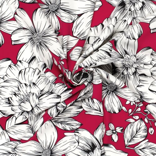 Polyesterjersey Köper weisse Blumen - dunkelpink