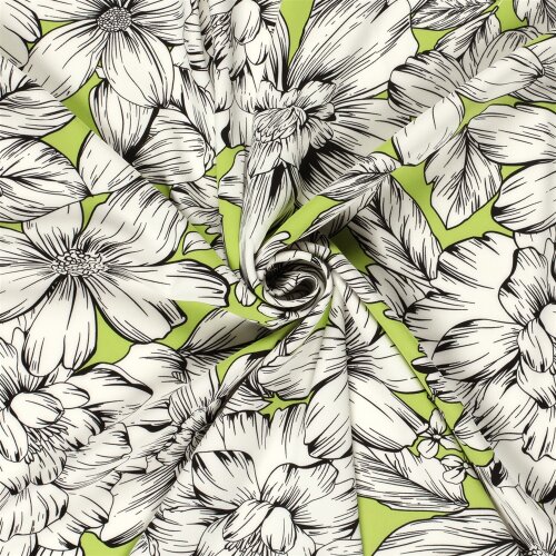 Polyesterjersey Köper weisse Blumen - limette