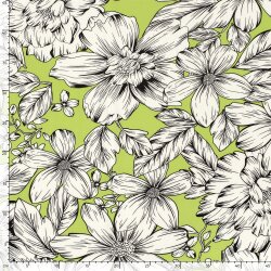 Polyesterjersey Köper weisse Blumen - limette