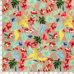 Baumwollsatin Blumen und Blätter - dunkelbeige