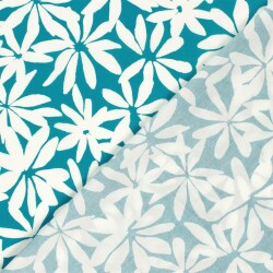 Baumwollpopeline Stretch weisse Blumen - türkis