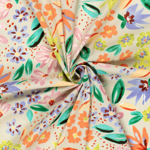 Baumwollsatin Stretch bunte Blumen - hellbeige