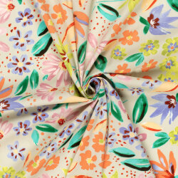 Baumwollsatin Stretch bunte Blumen - hellbeige