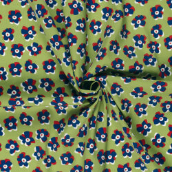 Baumwollsatin Stretch blaue Blüten - limette