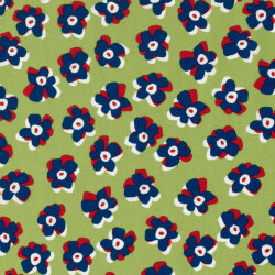Baumwollsatin Stretch blaue Blüten - limette