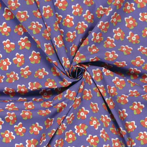 Baumwollsatin Stretch orange Blüten - lavendel