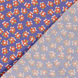 Baumwollsatin Stretch orange Blüten - lavendel