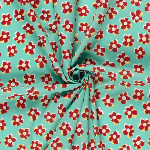 Baumwollsatin Stretch rote Blüten - wasserblau