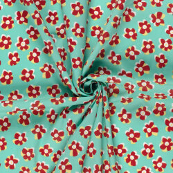 Baumwollsatin Stretch rote Blüten - wasserblau