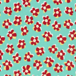Baumwollsatin Stretch rote Blüten - wasserblau