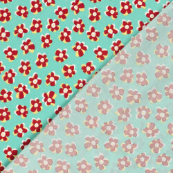 Baumwollsatin Stretch rote Blüten - wasserblau