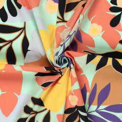 Baumwollsatin Stretch bunte Blätter - mint