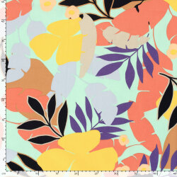 Baumwollsatin Stretch bunte Blätter - mint
