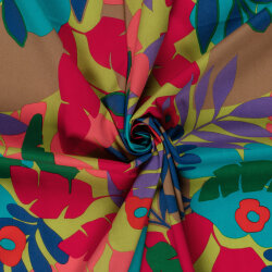 Baumwollsatin Stretch bunte Blätter - limette