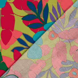 Baumwollsatin Stretch bunte Blätter - limette