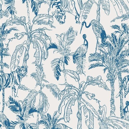Musselin Bio Natur Tiere im Dschungel - creme/königsblau