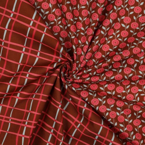 Feine Baumwollpopeline Blumen & CHECKS - CARAMEL