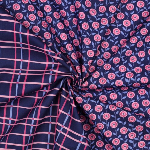 Feine Baumwollpopeline Blumen & CHECKS - dunkelblau