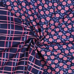 Feine Baumwollpopeline Blumen & CHECKS - dunkelblau