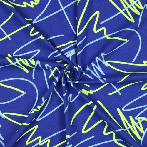 Baumwolljersey Neon Kritzelei - kobaltblau