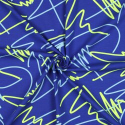 Baumwolljersey Neon Kritzelei - kobaltblau