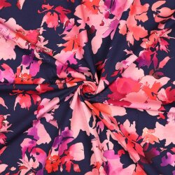 Baumwolljersey Digital pinke Blumen - dunkelblau