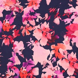 Baumwolljersey Digital pinke Blumen - dunkelblau