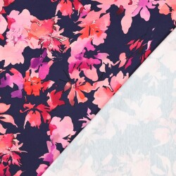 Baumwolljersey Digital pinke Blumen - dunkelblau