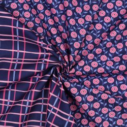 Feine Baumwollpopeline Blumen & CHECKS - dunkelblau