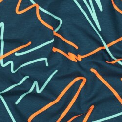 Baumwolljersey Neon Kritzelei - petrol