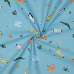 Baumwollpopeline Bio~Organic springende Tiere - hellblau