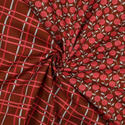 Feine Baumwollpopeline Blumen & CHECKS - CARAMEL