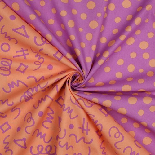 Feine Baumwollpopeline GEOMETRICS - PEACH/ PURPLE