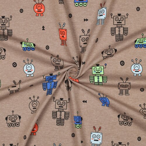 Baumwolljersey Neon Roboter - taupe meliert