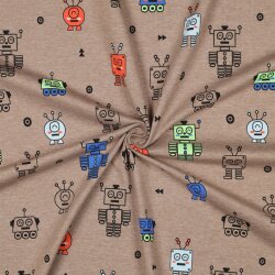 Baumwolljersey Neon Roboter - taupe meliert