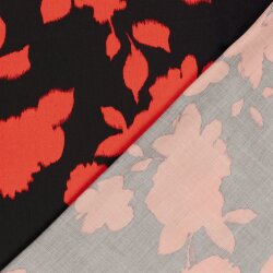Viskosesatin Blumen - schwarz/orangerot