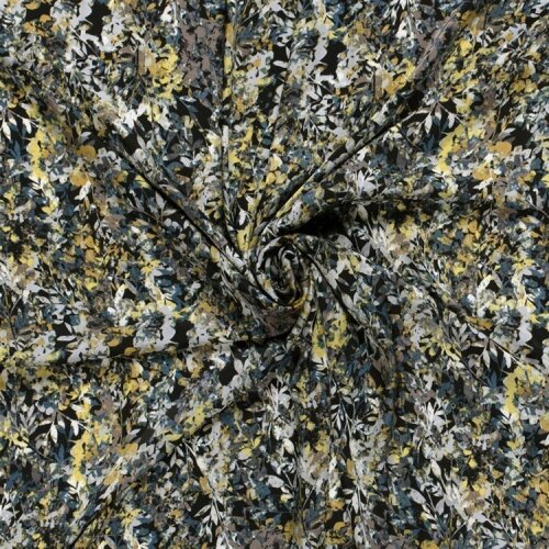 Polyester Satin Samt LEAVES  schwarz