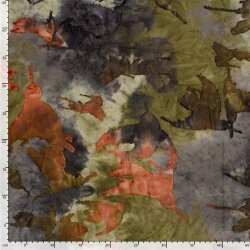 Polyester Viskose Jersey Jacquard  Burnout Batik Vögel - oliv