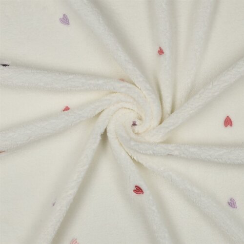 Teddystoff Bestickt bunte Herzen - wollweiss