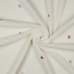 Teddystoff Bestickt bunte Herzen - wollweiss