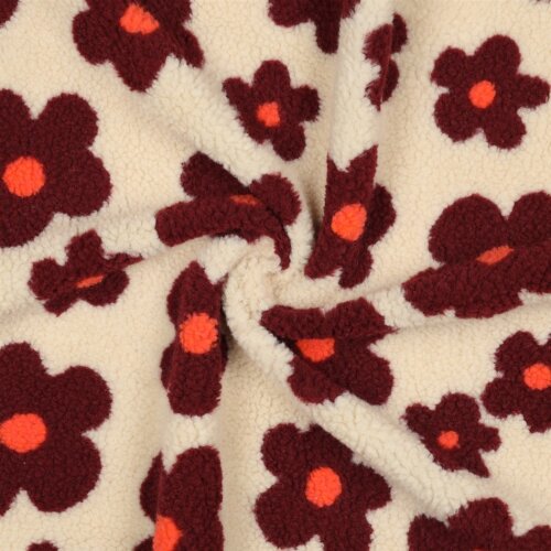 Teddystoff Blumen - hellbeige/weinrot