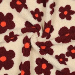 Teddystoff Blumen - hellbeige/weinrot