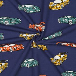 French Terry bunte Rennwagen - dunkelblau