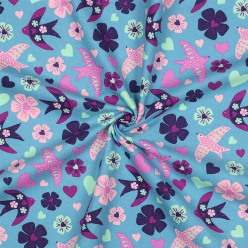 Baumwollflanell Vögel - jeansblau